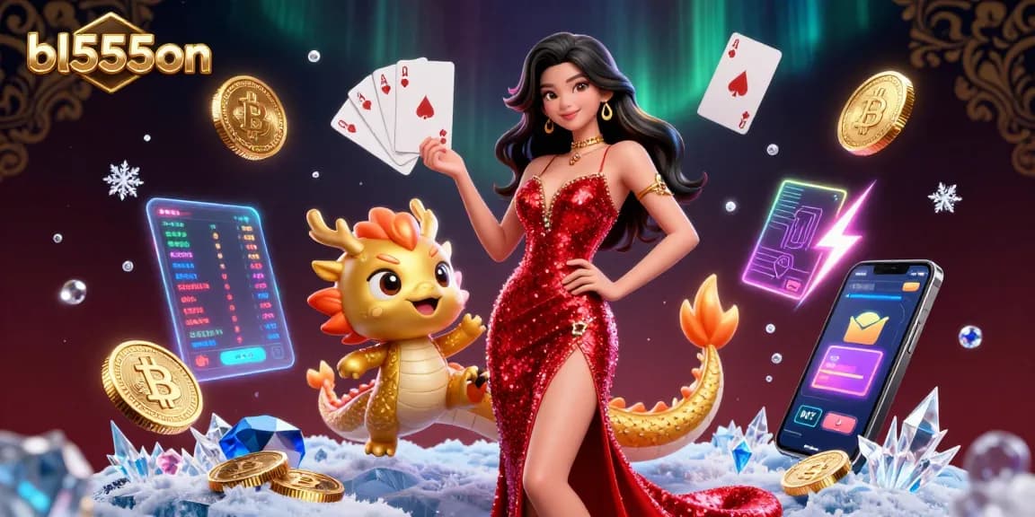Experience thrilling gameplay at bl555on with a glamorous Asian woman and golden dragon in a vibrant casino scene.
