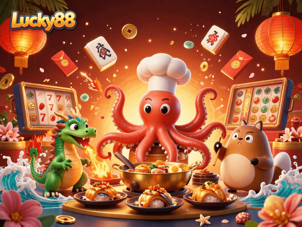 Engage in action-packed gameplay with Lucky88 at the vibrant casino scene featuring a sushi chef octopus.