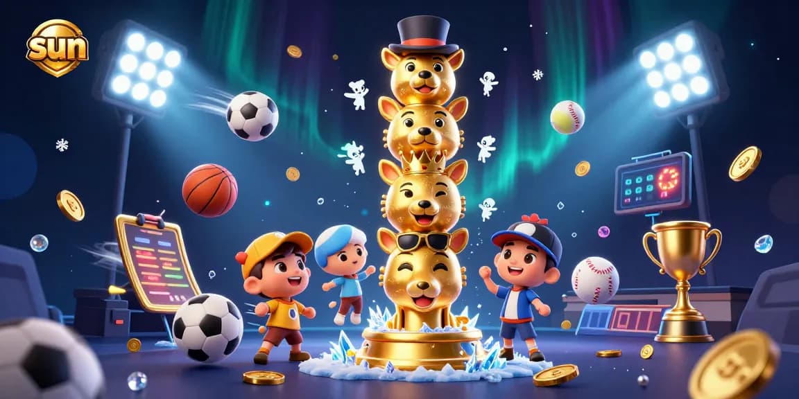 Engage with sun-themed casino excitement featuring a vibrant 3D totem and dynamic sports elements.
