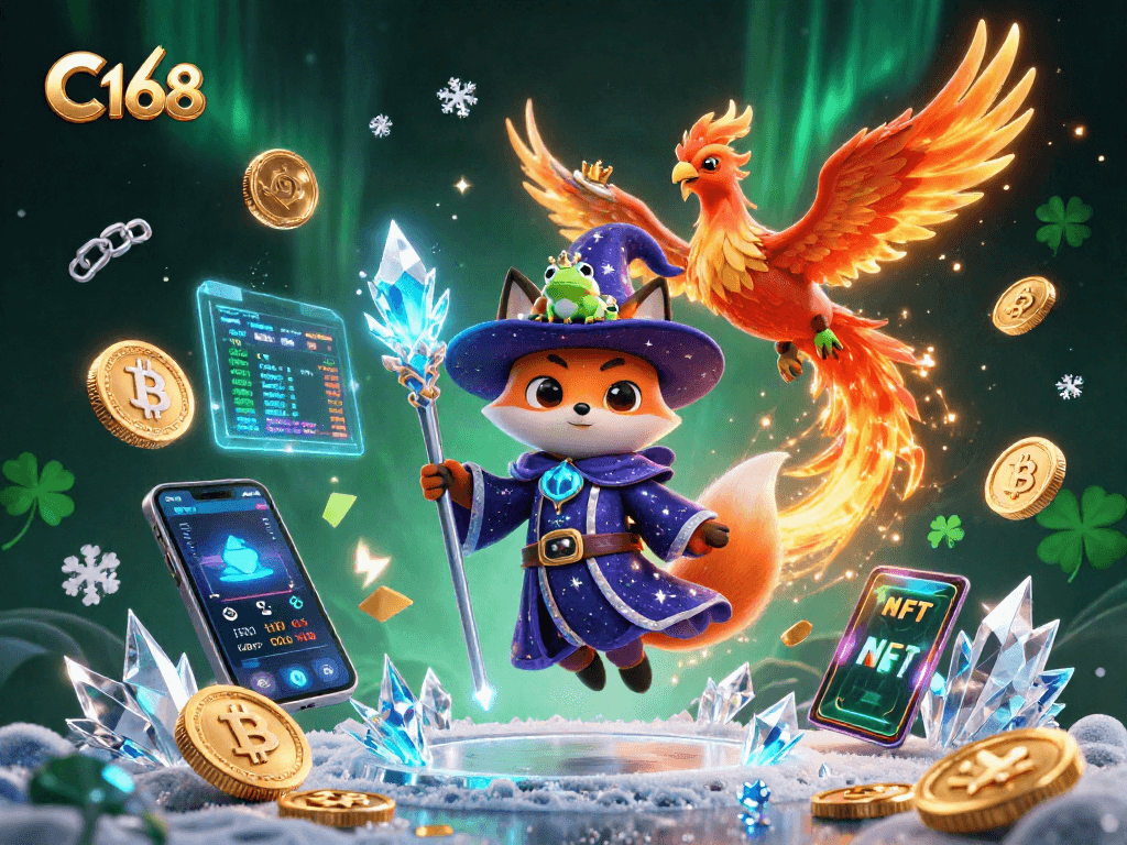 C168 captivates with a vibrant scene showcasing a mystical wizard fox and a phoenix in a crypto casino.
