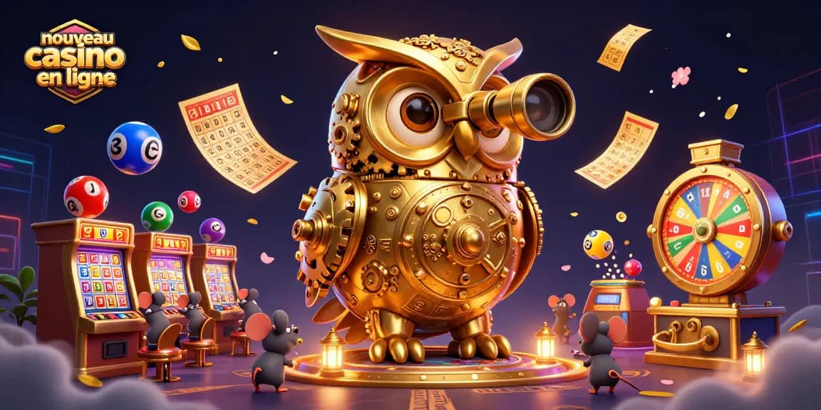 Visualisez un nouveau casino en ligne animé avec un hibou d'or bienveillant et des souris jouant entre les machines à sous.