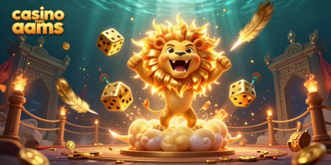 Gioca nei casino non AAMS con il leone solare mentre volano dadi d'oro tra monete e bandiere.