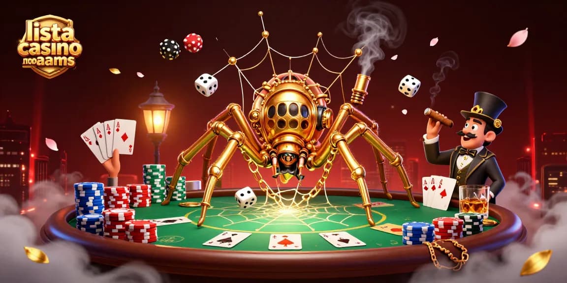 Scopri la lista casino non AAMS con un'illustrazione 3D di un ragno steampunk che cattura dadi sfortunati in una ragnatela dorata.