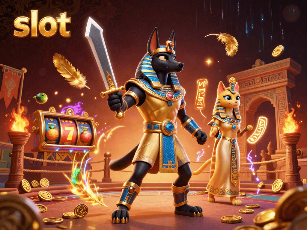 Spin the slot reels alongside Anubis and Bastet in a vibrant 3D casino illustration.