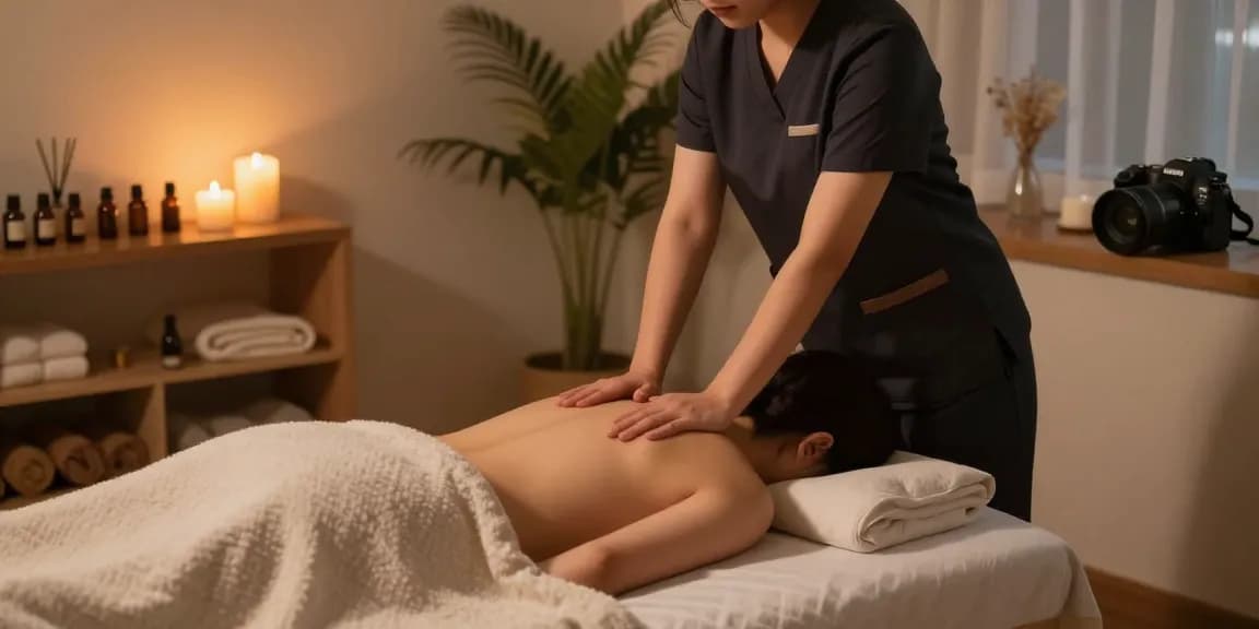 수원출장안마 세션 중 편안한 마사지 환경에서 마사지 치료사가 고객에게 치료를 제공하는 모습입니다.