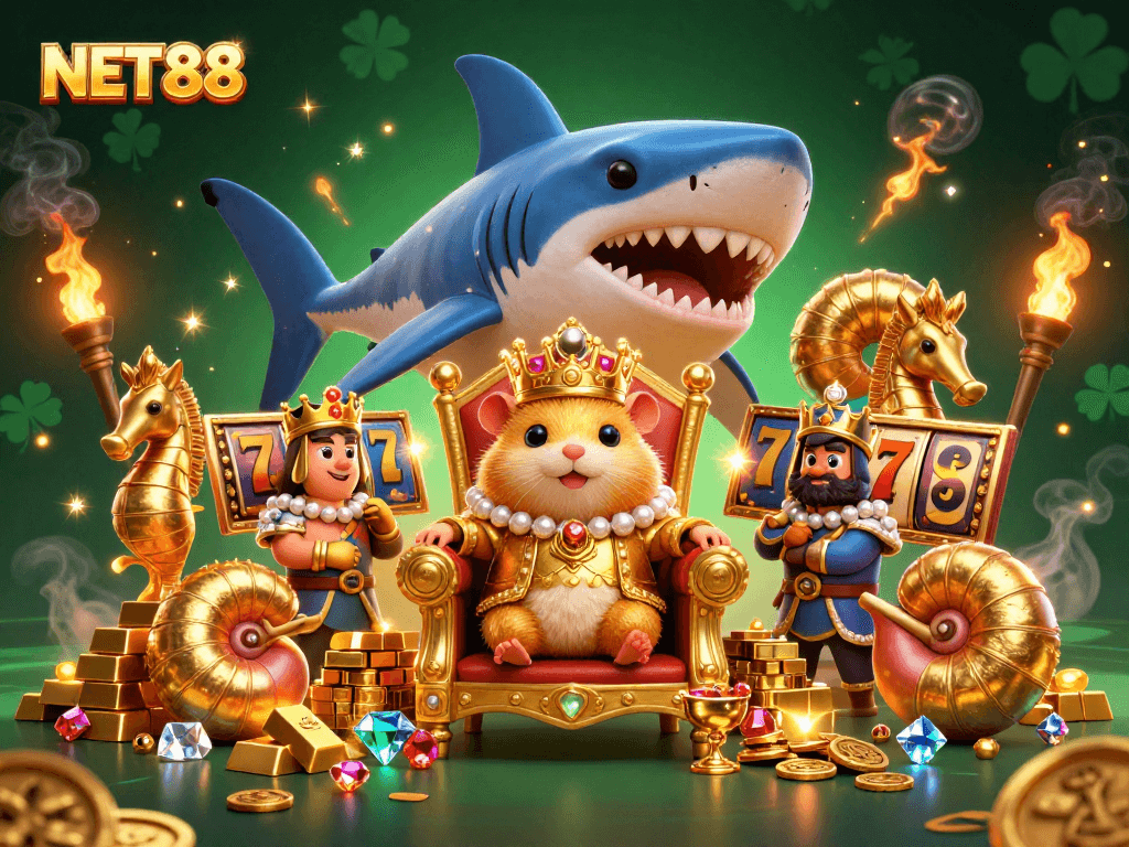 Experience the thrilling NET88 casino world where the golden hamster king rules over shimmering riches and slot machine excitement.