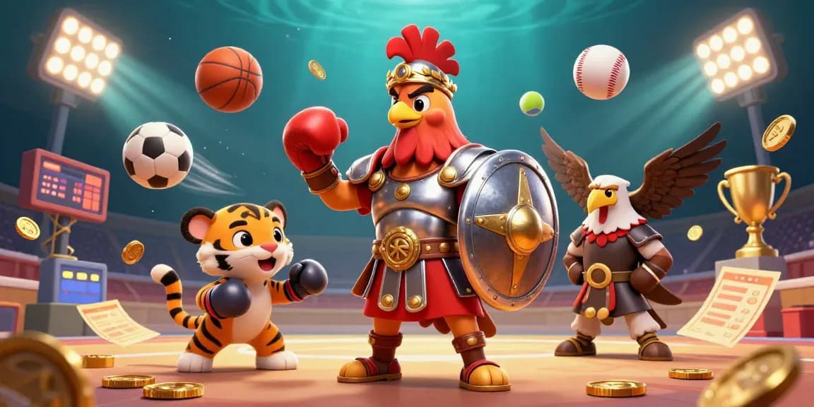 Engage with EE88's thrilling casino experience featuring dynamic sports elements and a gladiator rooster.
