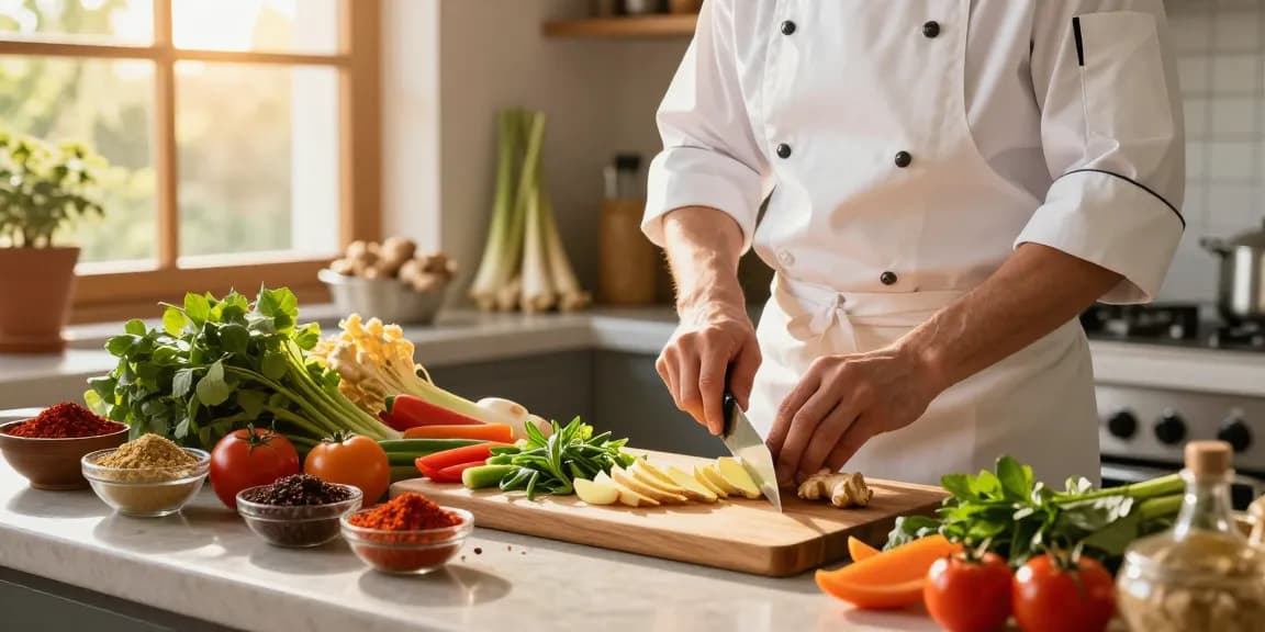 Chef preparing fresh ingredients including ginger in a vibrant kitchen, enhancing the culinary experience associated with สล็อต.