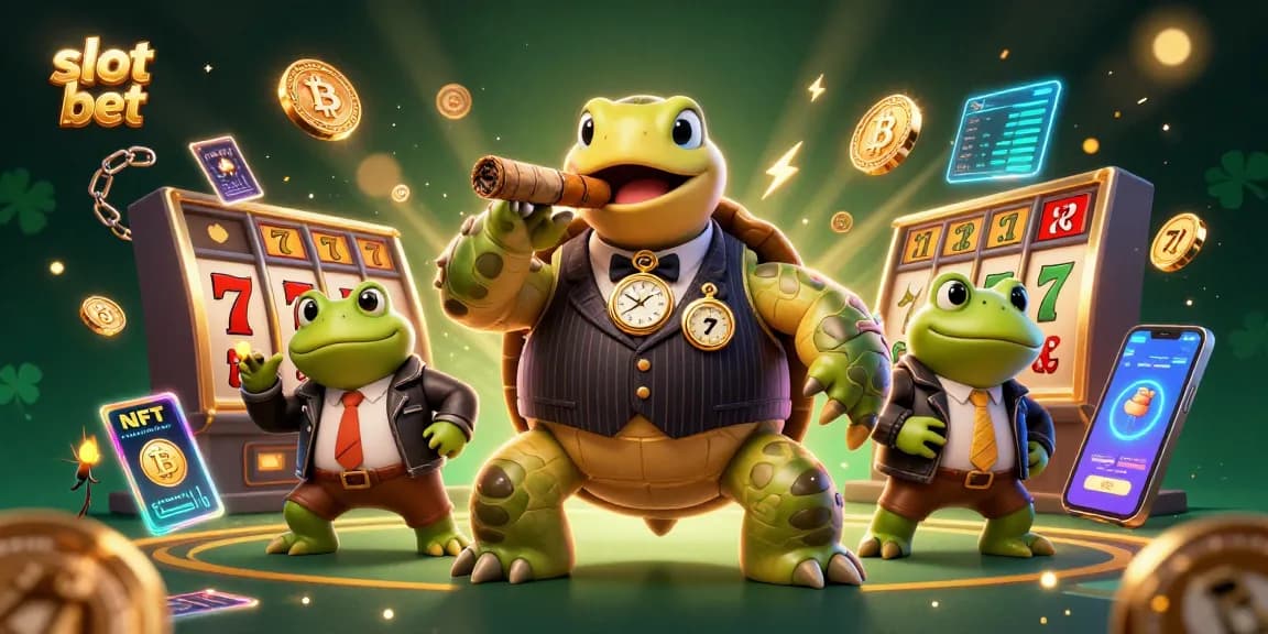 Taruhan slot menampilkan karakter unik dalam ilustrasi kasino, dengan koin Bitcoin dan slot beruntung.