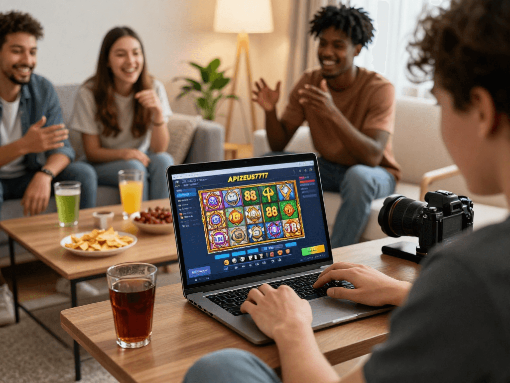 Friends enjoying online gaming together on APIZEUS777 with vibrant Zeus Slot 88 interface.