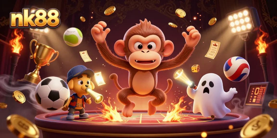 Betting on nk88 in a dynamic haunted casino scene with a mischievous monkey and curious puppy.