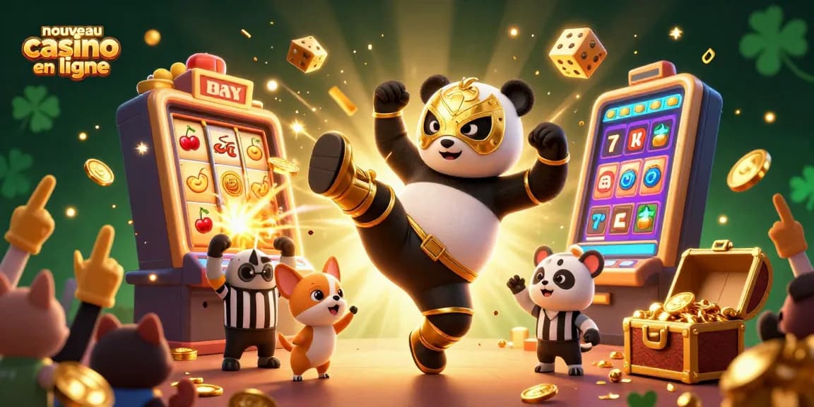 Action sur un nouveau casino en ligne montrant un panda professionnel en vol et une machine à sous éclatante.