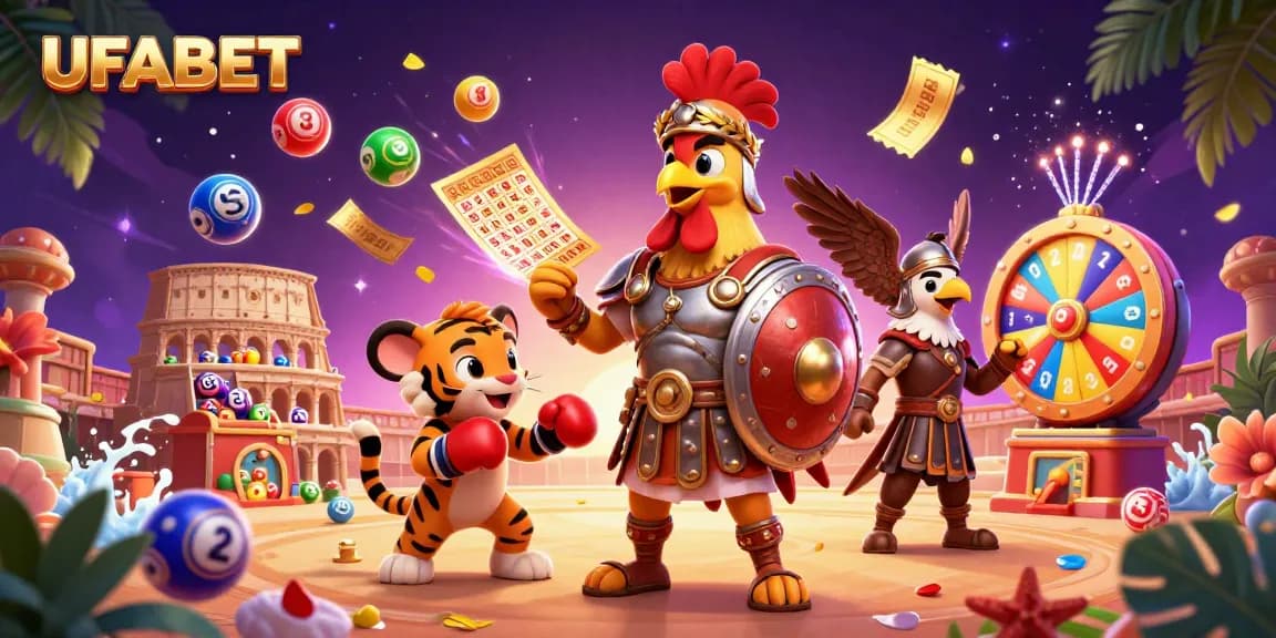 Win big with UFABET in an action-packed casino scene featuring dynamic lottery elements and vibrant characters.