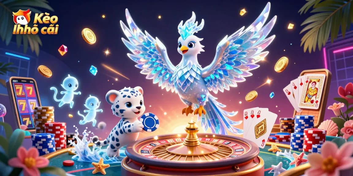Kèo nhà cái showcases a vibrant 3D scene where a phoenix, snow leopard, and ice sprites celebrate wins with cascading coins and poker chips.