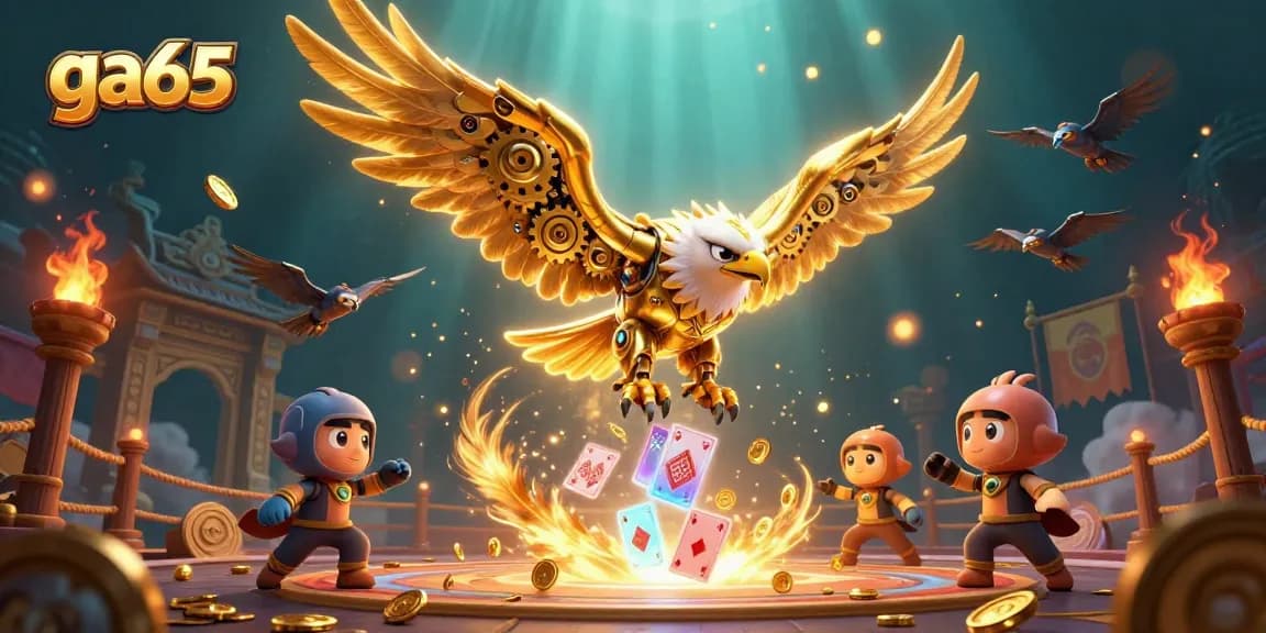 Experience thrilling cockfighting action at ga65, showcasing a cybernetic eagle diving through a dynamic arena.