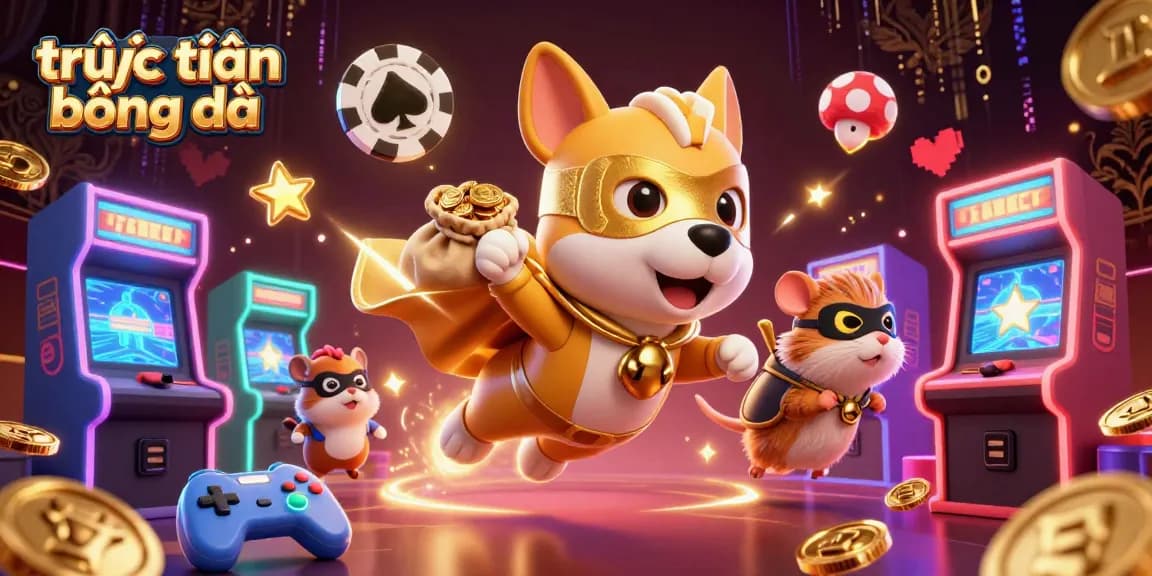 Experience trực tiếp bóng đá with dynamic characters amidst casino-themed vibrant visuals.