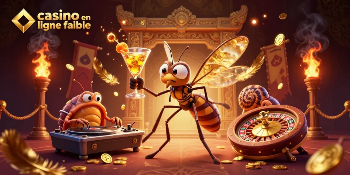 Illustration dynamique représentant un casino en ligne fiable avec un moustique mascotte et un DJ trilobite.