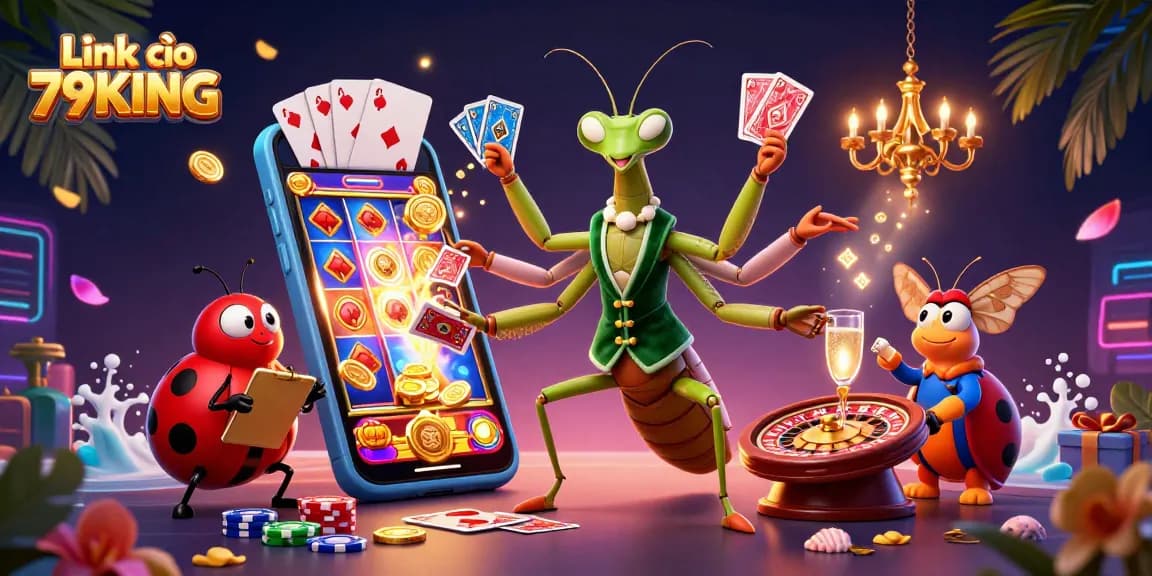 Engage in the excitement of Link vào 79KING with dynamic casino elements and vibrant characters in a 3D illustration.