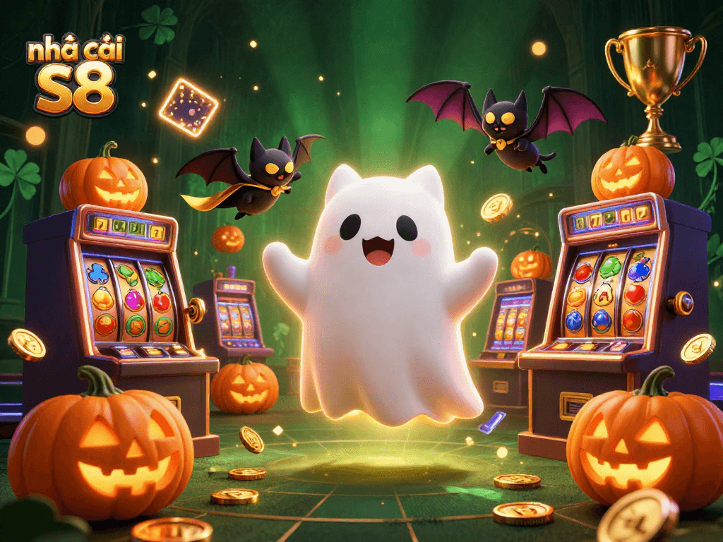 Engaging scene featuring nhà cái s8 with a friendly ghost cat, vampire bat, and casino elements.