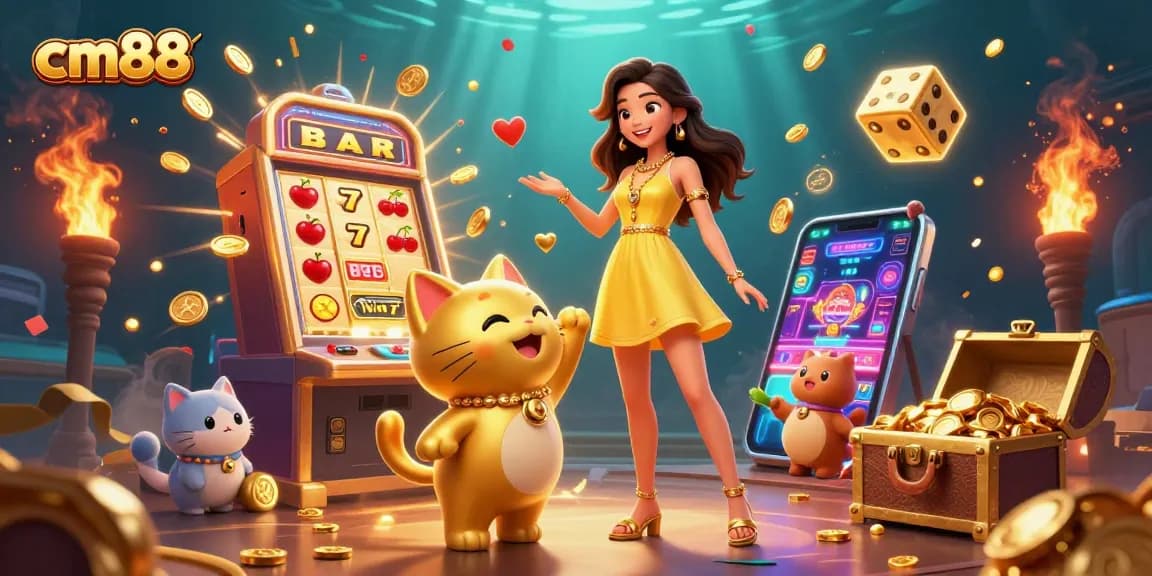 Engage with cm88's vibrant casino atmosphere while winning big in a colorful illustrative scene.