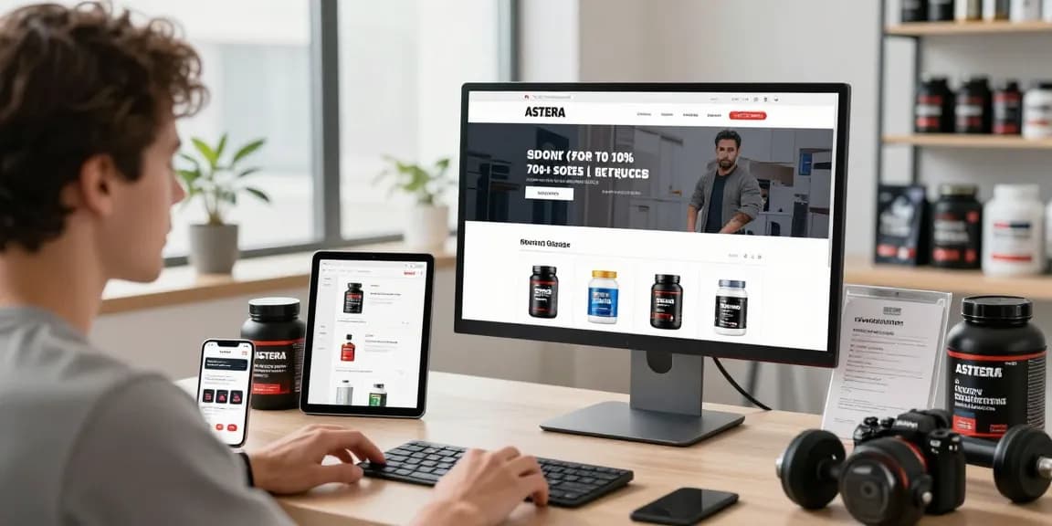 Astera Shop showcasing a modern e-commerce environment with a customer browsing steroids.