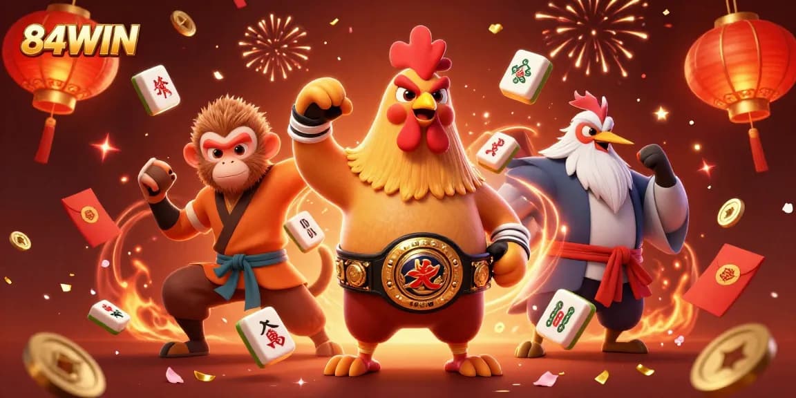 Experience thrilling action at 84WIN with vibrant casino characters in a dynamic celebration scene.