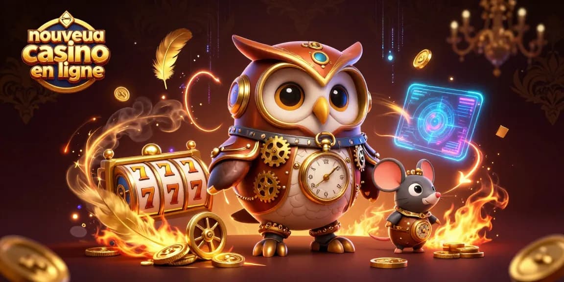 Aperçu d'un nouveau casino en ligne avec un hibou voyageur en steampunk et des éléments futuristes.