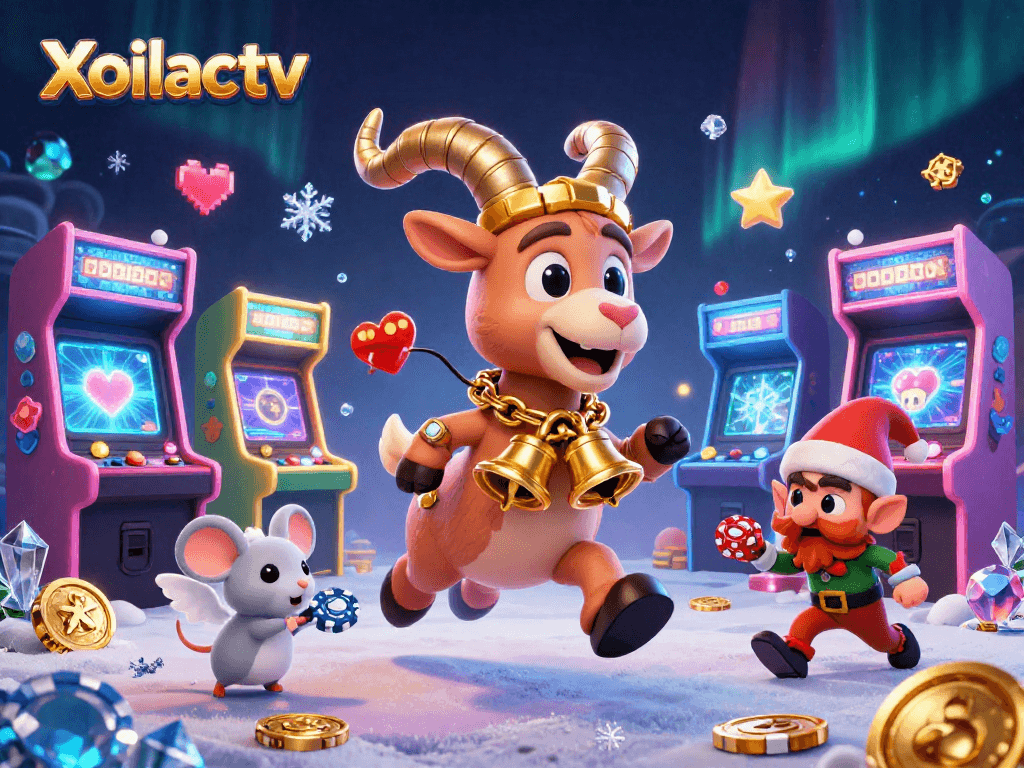 Xoilactv showcases a festive holiday-horror casino scene with Krampus, an angel mouse, and gremlins stealing chips.