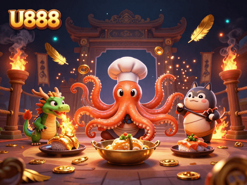 U888 casino excitement with a sushi chef octopus and fiery dragon amidst golden dishes.