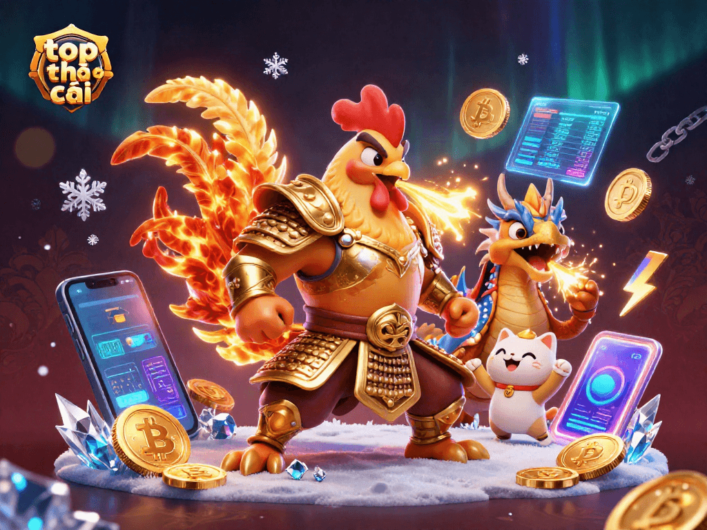 Engage with top nhà cái's vibrant casino scene featuring a warrior rooster and a dragon hatchling.