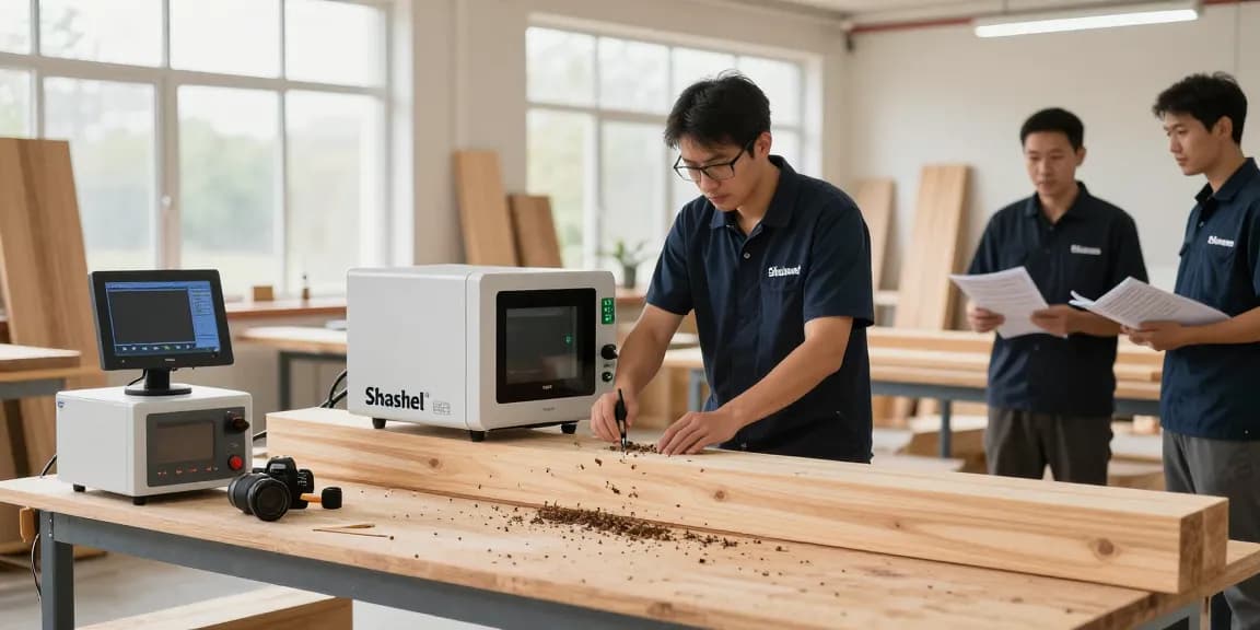 Shashel microwave device in action, eliminating wood-boring insects safely and effectively in a workshop environment.