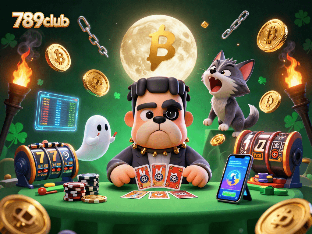 Engage with 789club's thrilling casino experience as the Frankenstein bulldog deals cards amidst a vibrant crypto atmosphere.