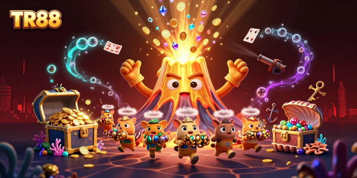 Experience the excitement of TR88 with a treasure-filled casino adventure featuring animated volcanoes, animals, and glowing gems.
