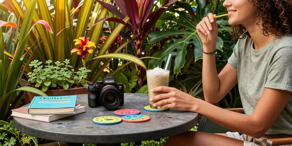 Motchill wellness moment in a vibrant garden with a smoothie.