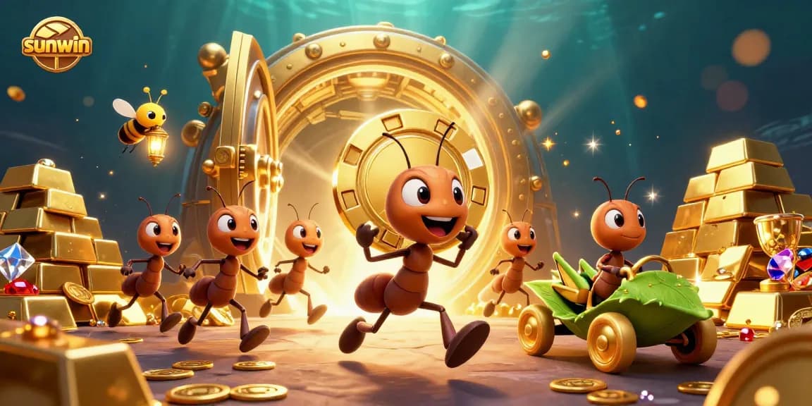 Experience thrilling gameplay at sunwin with a treasure heist by animated ants, showing vibrant casino riches.