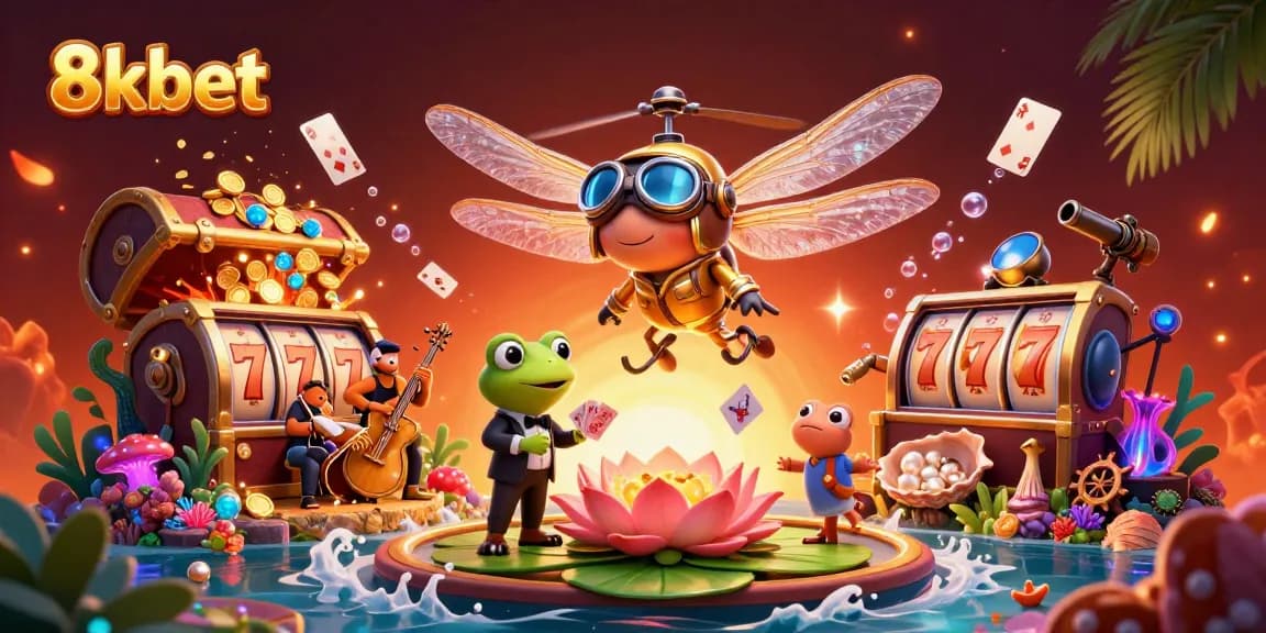 Experience the thrilling action at 8kbet with vibrant slot machines and animated casino characters.
