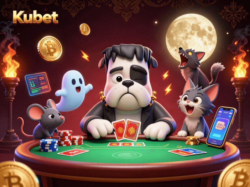 Kubet poker scene featuring a unique Frankenstein bulldog monster dealer with crypto coins and characters.