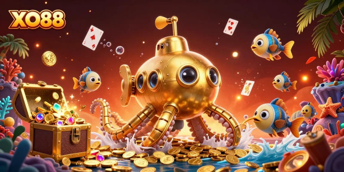 Experience the thrill of XO88 with vibrant cartoons of a golden kraken amidst golden coins.