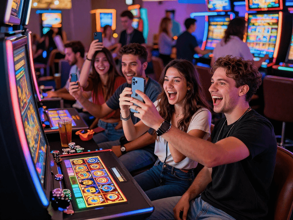 Friends celebrating their slot jackpot win at a vibrant casino, capturing joyful moments with smartphones.