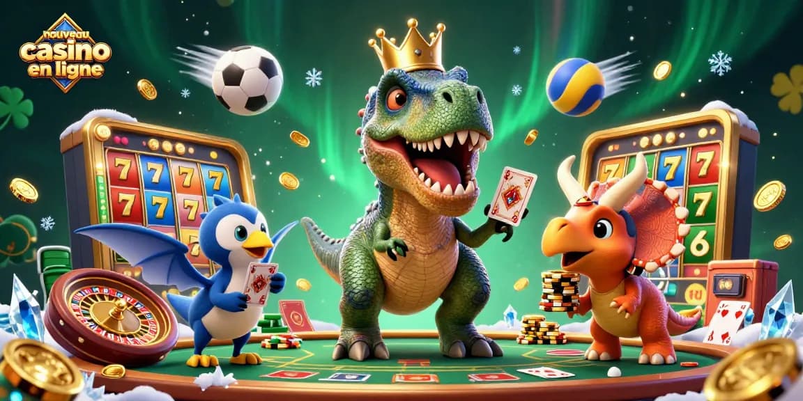 Illustration dynamique d'un nouveau casino en ligne avec un T-Rex joueur, un assistant Ptérodactyle, et un Triceratops, entourés de jeux et de jetons d'or.