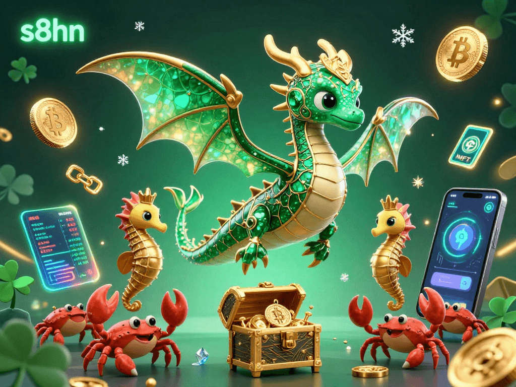 Experience the excitement of s8hn with a vibrant 3D casino scene featuring a majestic sea dragon and glowing crypto elements.