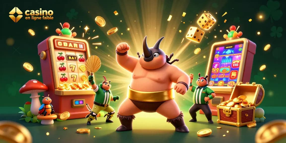 Un dessin 3D vibrant d'un rhinocéros scarabée sumo et actes avec casino en ligne fiable, illustrant l'énergie des jeux.