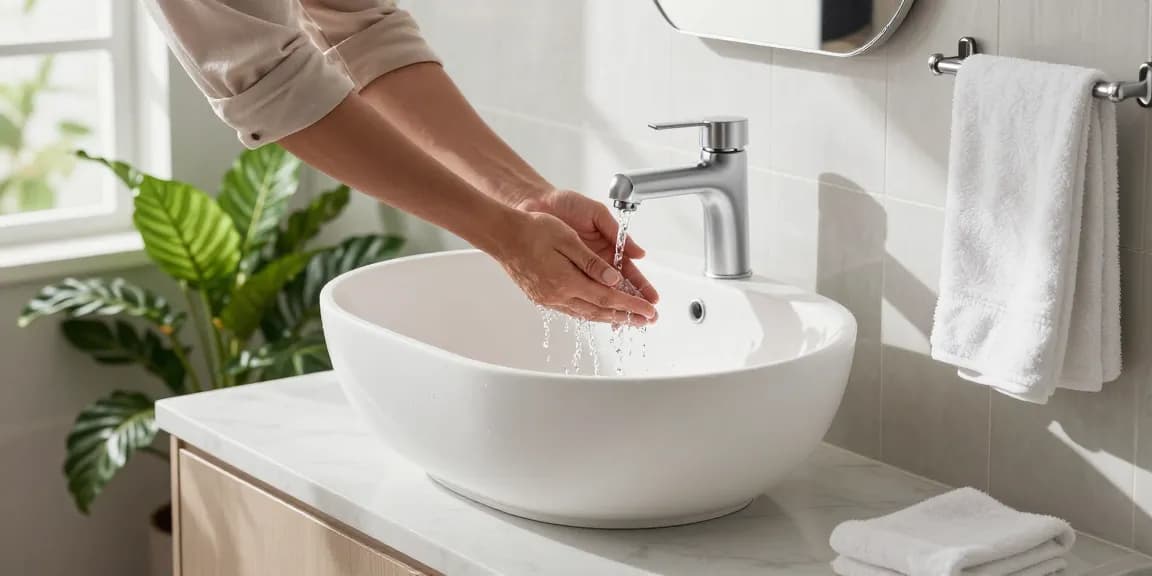 Wudu basin elegantly showcased in a modern bathroom while a person performs ablution, emphasizing its design and function.