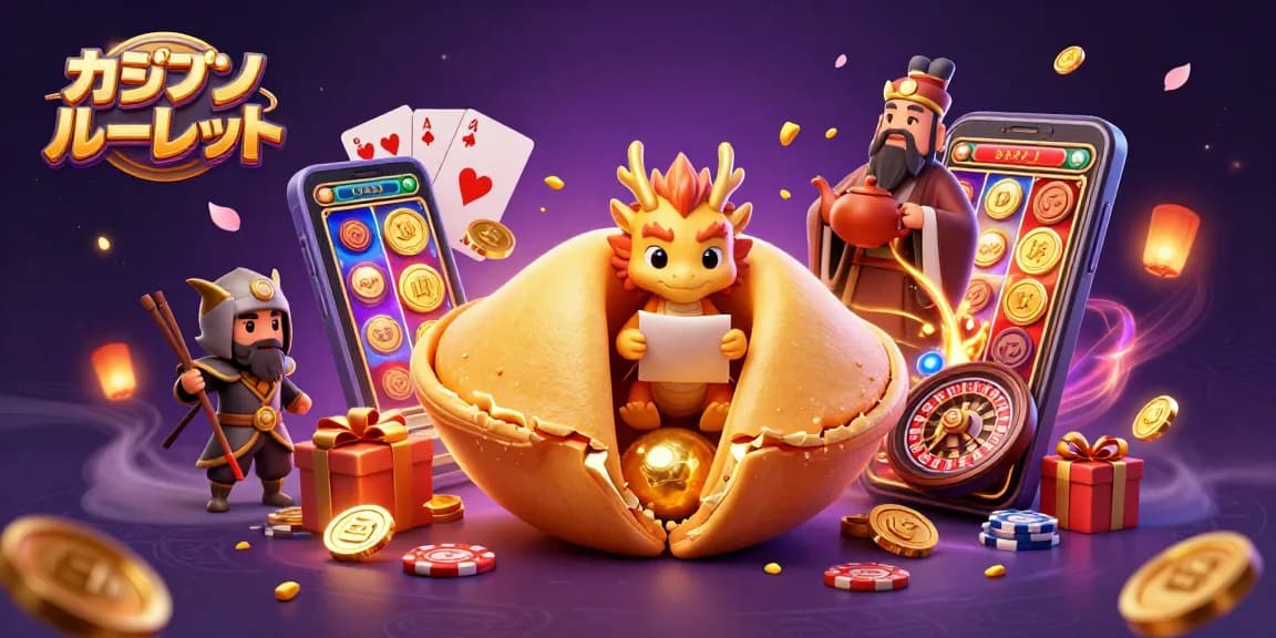 オンラインカジノルーレットで運を試す、金のクッキーとドラゴンのイラスト。