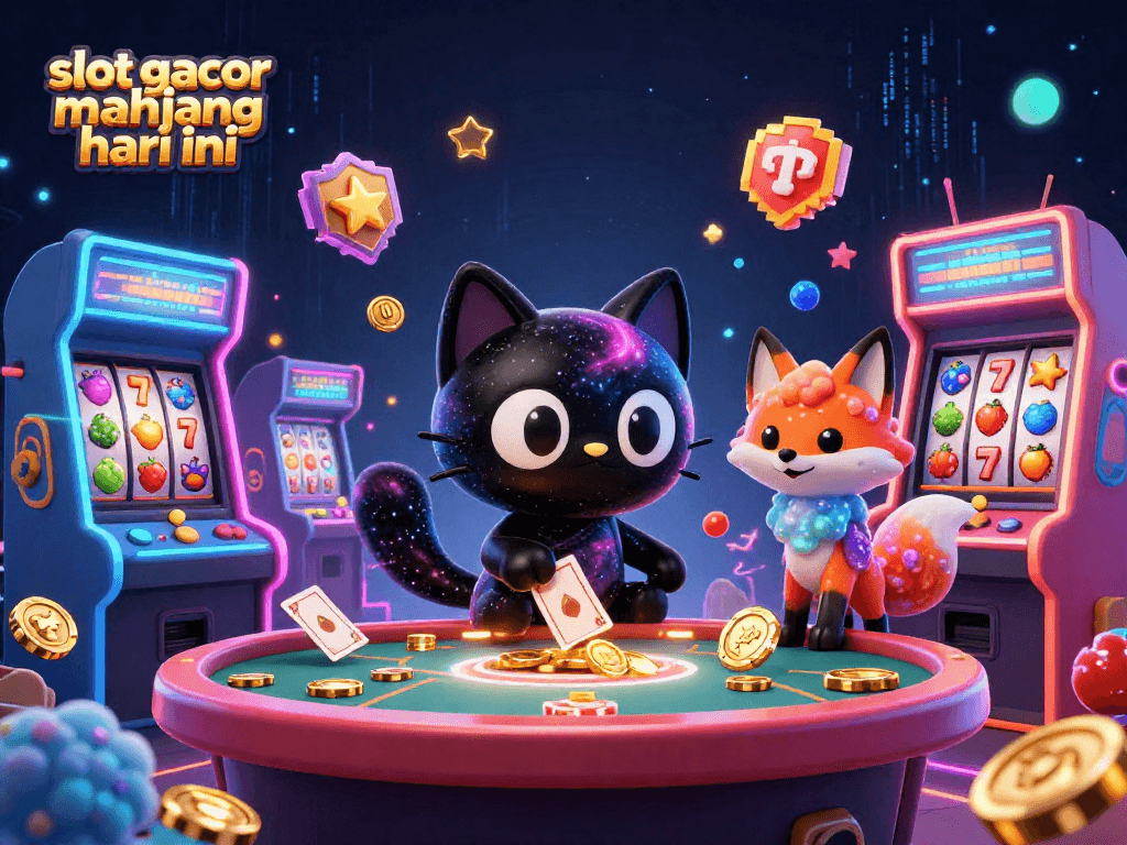 Engage with slot gacor mahjong hari ini in this vibrant casino scene featuring a black hole cat and nebula fox.
