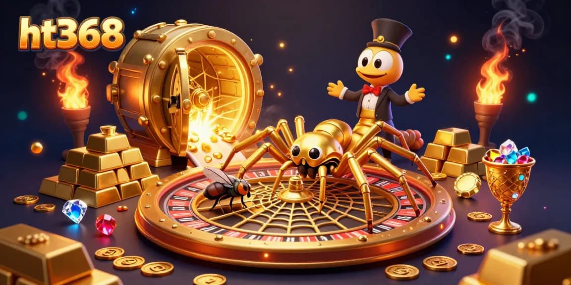 Engage in thrilling bets at ht368 with a golden spider spinning a roulette-themed web.