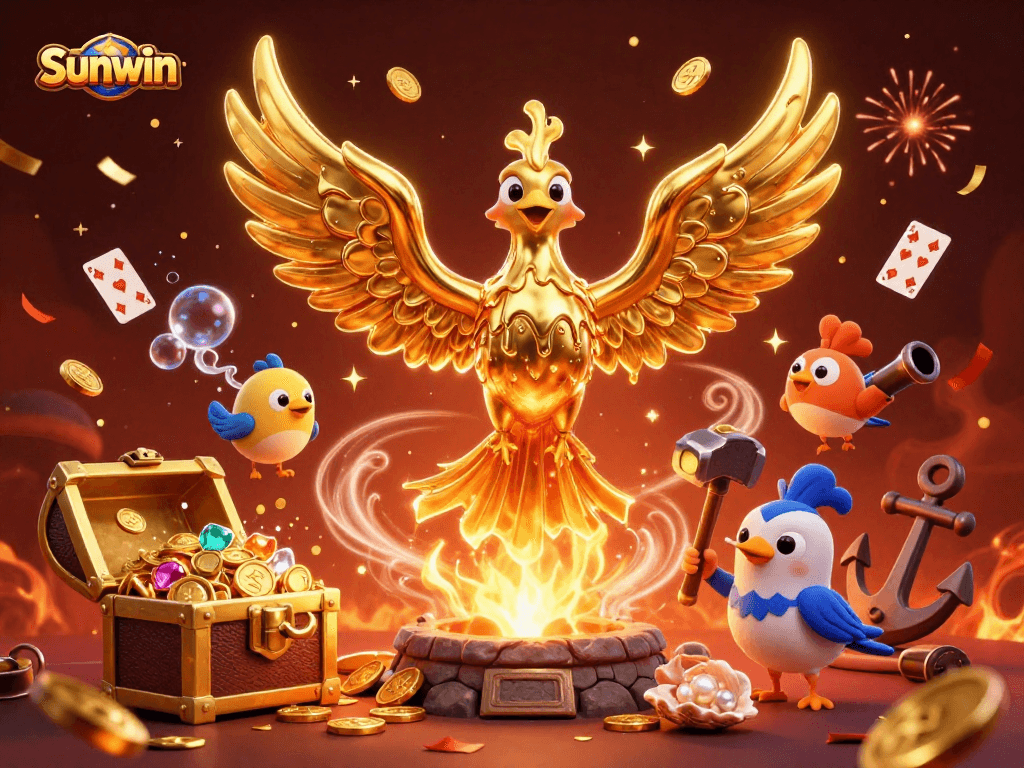 Experience the thrill of Sunwin with a golden phoenix and treasure in a dynamic casino scene.