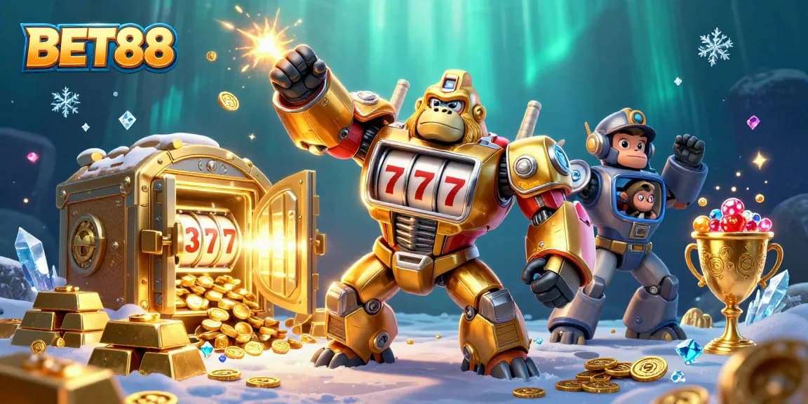 Experience thrilling gameplay at BET88 with a dynamic casino-themed 3D illustration featuring exciting elements.
