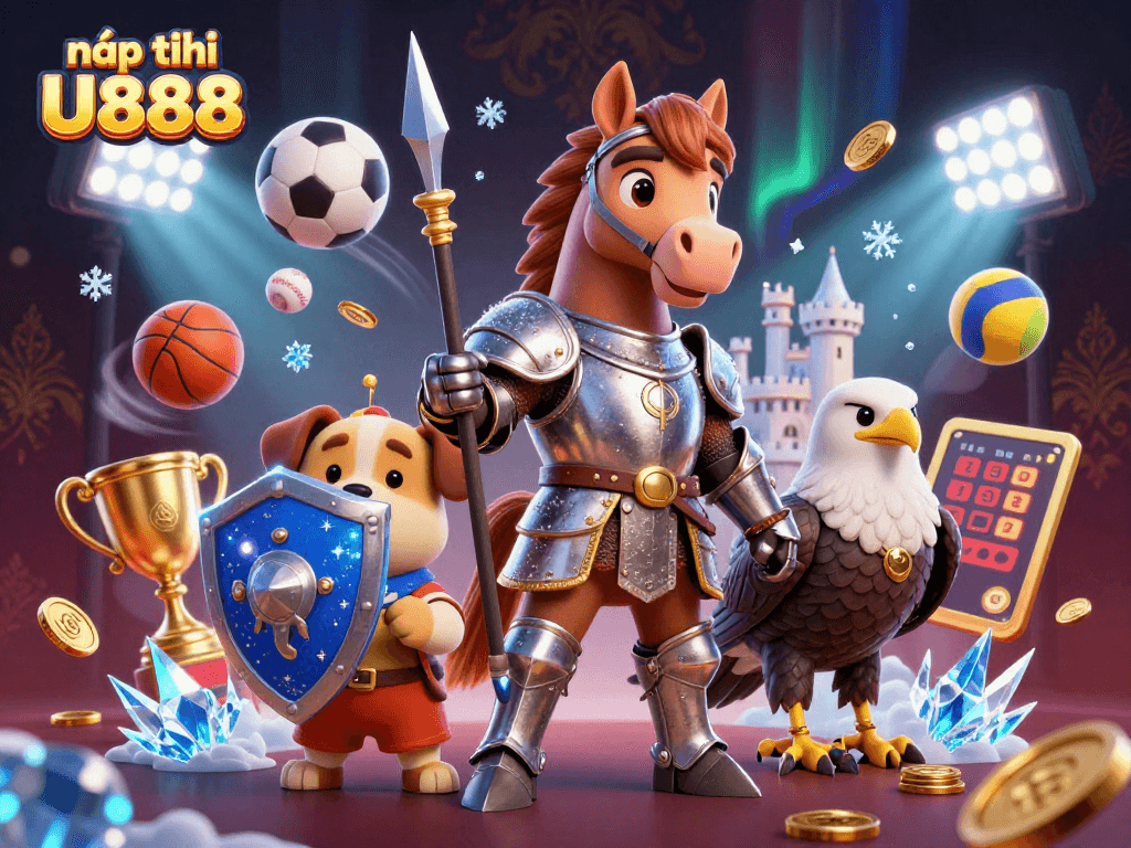 Place bets and nạp tiền U888 with a thrilling representation of a medieval knight, puppy, and falcon enjoying an exciting gambling atmosphere.