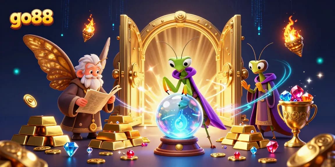Engage with go88's thrilling casino experience featuring a fantasy scene of mystical characters.